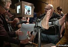 Redhead and blonde subs feel humiliated during public banging in bondage