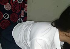 Schoolgirl in uniform teases stepfather with short skirt