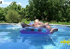 wet and horny solo granny masturbates outdoors by the pool