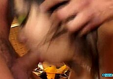 Hardcore double banging this sultry asian babe's tits.