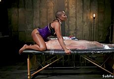 Ebony dom anal fucks man in straitjacket with bondage and rough submission.