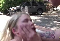 Beautifull Blonde Is Being Slapped While Fucked Hard Outside By Two Guys
