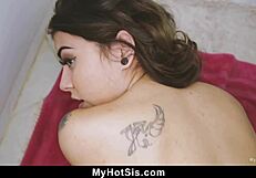 Stepsister discovers her brother's pervy porn collection and confronts him about it.