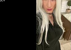 Platinum blonde crossdresser returns home after her date