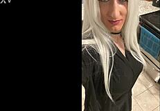 Platinum blonde crossdresser returns home after her date