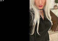 Platinum blonde crossdresser returns home after her date