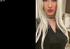 Platinum blonde crossdresser returns home after her date