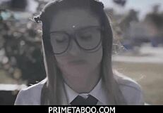 Nerdy teen experiences double penetration with two partners