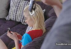 sticking huge dildo in blonde teen ass before dick