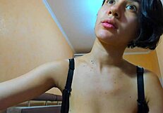 Hot brunette in bra plays tits, then walks naked