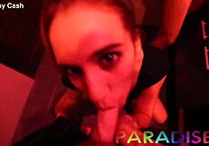 Twin girlfriends get fucked hard in the public bathroom after stripping.