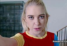 sticking huge dildo in blonde teen ass before dick