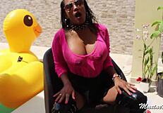Hey, watch Maxine X plunge that huge sex toy deep in the pool with her Asian curves on full display