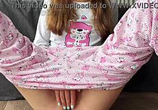 Skinny babe in pajamas masturbates, fingers pussy closeup, squirts orgasm