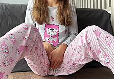 Skinny babe in pajamas masturbates, fingers pussy closeup, squirts orgasm