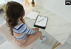 Petite college slut skips studying to play with tutor's cock