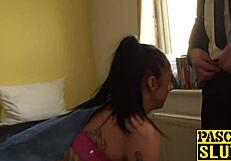 hardcore fuck session with submissive in white fishnet stockings