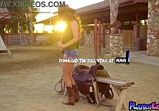 Petite brunette MILF Lauren Love poses naked on saddle outdoors