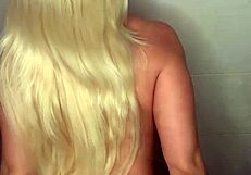 Blondie showers with dildo, masturbates in doggy, rides cowgirl, gives blowjob