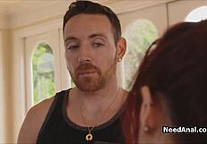 redhead teen performs blowjob while stretching in yoga poses with her big ass