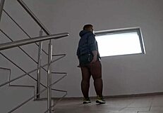 public foot fetish features fat legs in nylon on mall stairs under skirt