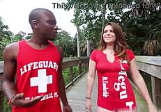 Public blowjob lifeguard sucks dick on break in florida beach interracial