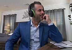 Aubree Valentine dominates in intense sex with muscular bodybuilder during business call.