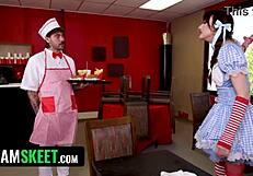 Boss conducts quick casting interview followed by fast fuck in fast food restaurant