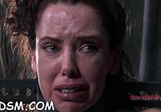 The appetizing brunette maid pleasures herself alone in the house.