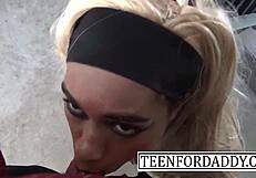 Watch this blonde Asian step sister give sloppy blowjob on her knees in public.