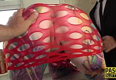 Tattooed submissive slut throating deep, she gasps.