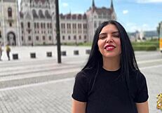 Kira queen strips slowly, but her fuck with tourist is raw on sofa