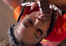 she deep throats big black cock, sucking intensely