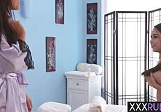 hot big tits asian kira sinn enjoys massage and muffdiving by sexy milf masseuse india summer