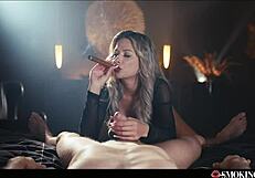 horny milf with huge tits feels intense pleasure masturbating and giving blowjob while smoking a 9 inch cigar