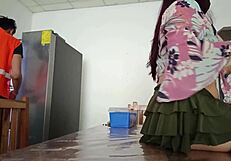 Housewife exposes vagina to maintenance man fixing refrigerator