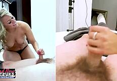 Slim mature blonde anya delivers footjob while fingering wet pussy!