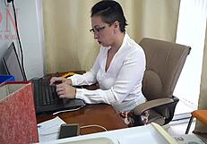 I watch my secretary get fucked with a dildo on the office security camera