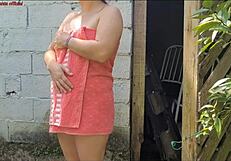 Shower Broken, Married Woman Pays Farmhand With Sex In Towel!