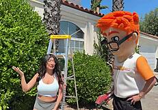 Busty Cami rides monster cocks in garden from blowjob to doggystyle cumshot