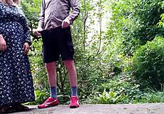 sweet stepmom helps stepson pee standing then flashes hairy wet pussy outdoor