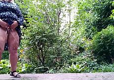 sweet stepmom helps stepson pee standing then flashes hairy wet pussy outdoor