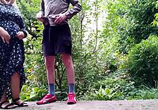 sweet stepmom helps stepson pee standing then flashes hairy wet pussy outdoor