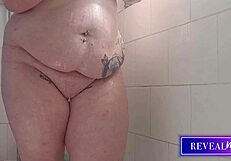 Curvy Babe Fingers Fat Ass Pussy in Steamy Shower Jet