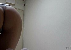 Japanese maid uniform braless micro thong upskirt cameltoe pussy tits while cleaning room!