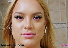 Blonde stunner soaps her curves in steamy shower bliss