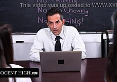 brunette latina pigtails in classroom uniform gets group licked fingered and facesat to orgasm by pornstars