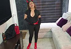 Horny latina milf wife in devil costume delivers pov blowjob creampie on ass back
