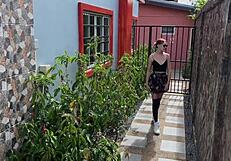 Pretty college brunette in stockings tied tight moans from outdoor rope tickle torment