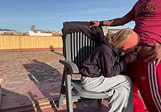 Sucking neighbor's cock on terrace then swallow cum 😋💦 homemade wife